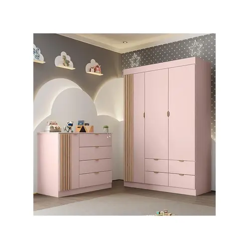 Quarto Infantil Completo Guarda-roupa 3 Portas 4 Gavetas com Cômoda 100% Mdf Ayla Phoenix Baby