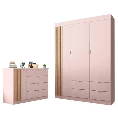 Guarda Roupa 3 Portas 4 Gavetas Com Cômoda 100% Mdf Exclusivo Original Linha Infantil Ayla Phoenix Baby