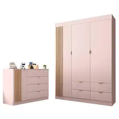 Guarda Roupa 3 Portas 4 Gavetas Com Cômoda 100% Mdf Exclusivo Original Linha Infantil Ayla Phoenix Baby
