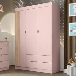 Guarda Roupa Infantil Ayla 3 Portas e 4 Gavetas Rosê Semi-Brilho Exclusivo Phoenix Baby