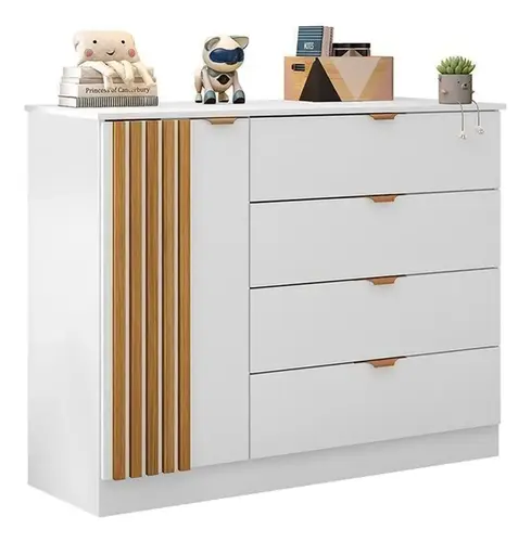 Cômoda Infantil Com 4 Gavetas 1 Porta Com Desing Em Ripado  Ayla Branco Semi-Brilho Phoenix