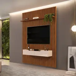 Painel Suspenso Home Ripado Trento Com Rack Bancada 2 Gavetas Isac Para Tv Até 65 Polegadas Freijó Off White