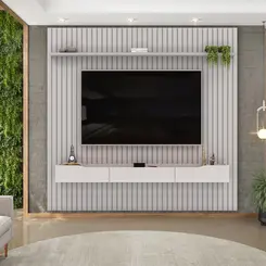 Painel Suspenso Com Rack Bancada Pratico Estante Ripado Ideal Para Tv Até 75 Polegadas Bali Bali - Leartam Móveis