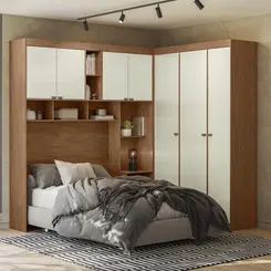 Guarda-Roupa Casal Modulado com Cabeceira e Módulo Aéreo 7 Portas 4 Gavetas Lugano Jatobá/Areia  Leartam Móveis