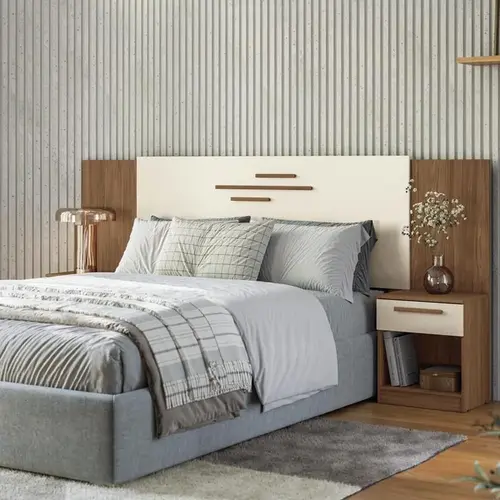 Cabeceira para Cama Casal 138X158cm Extensivel com Mesa de Cabeceira 2 Gaveta Jatoba Areia Leartam Móveis