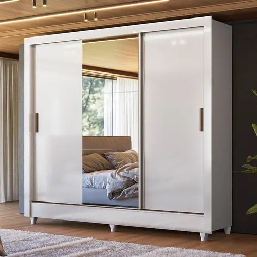 Guarda Roupa Roupeiro Casal com Espelho França 3 Portas Correr Branco Santos Andirá